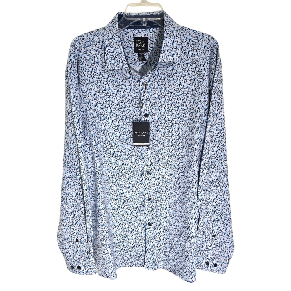 Jos A Bank Traveler Tailored Fit Floral Shirt XL Blue‎ Bi-Stretch J04700301